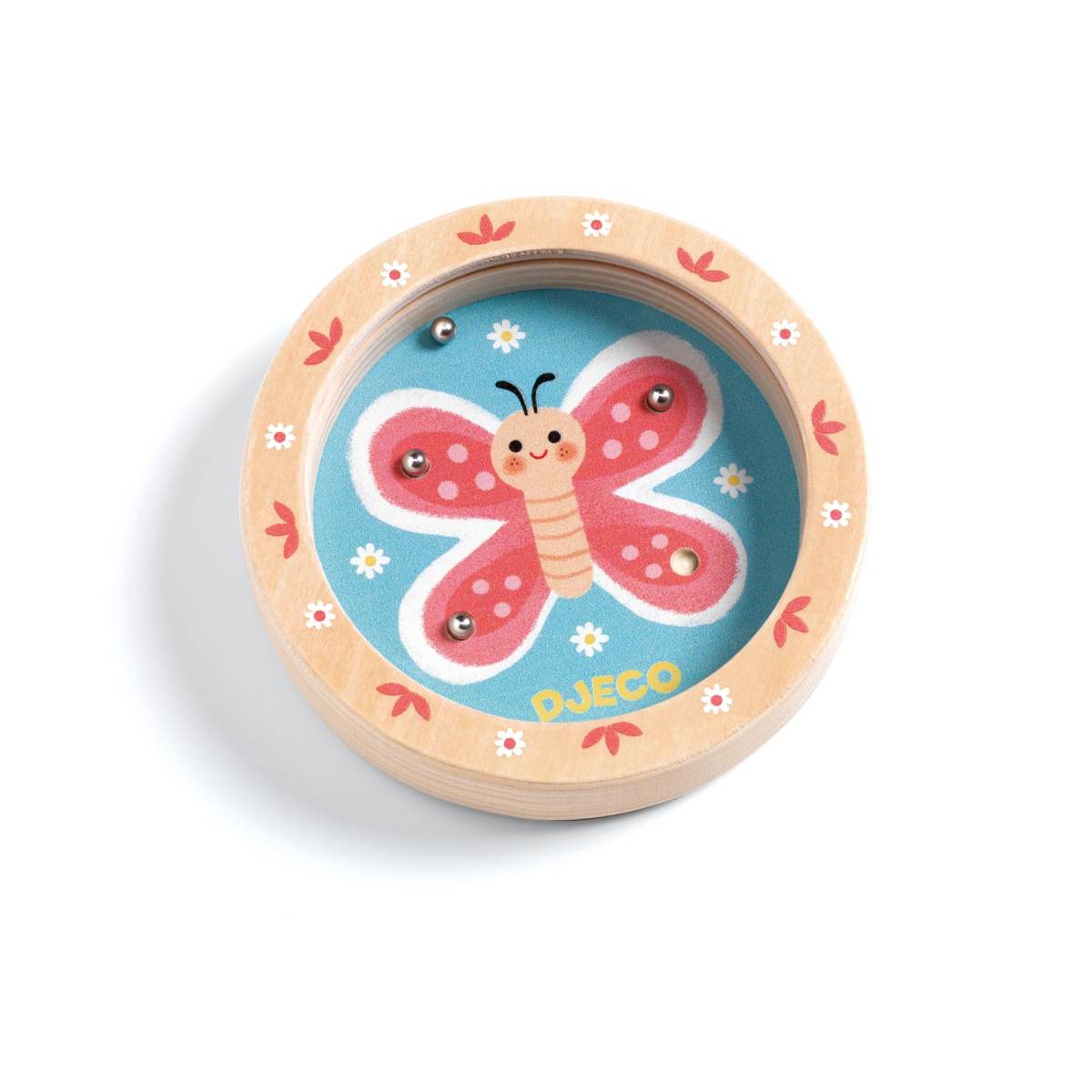 Djeco Mini Geduldspiel mit rosa Schmetterling in runder Holzdose, bemalter Rand mit roten Blüten