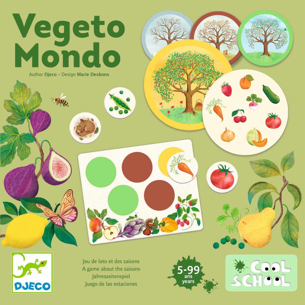Djeco Vegeto Mondo Spielmaterial: weiße Tafel mit farbigen Kreisen, vier Jahreszeiten-Karten mit Bäumen und Gemüsebildern
