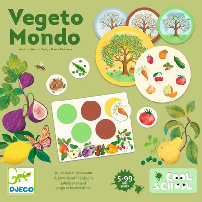Djeco Vegeto Mondo Spielmaterial: weiße Tafel mit farbigen Kreisen, vier Jahreszeiten-Karten mit Bäumen und Gemüsebildern