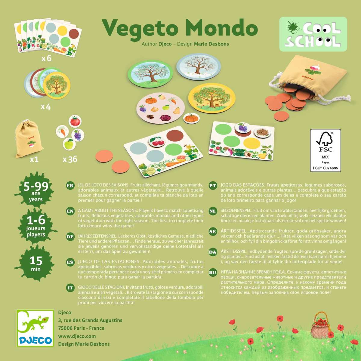 Djeco Vegeto Mondo Spielmaterial: Karten, Spieltafeln, bunte Holzscheiben und Stoffbeutel auf grünem Grund