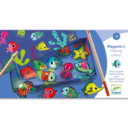 Djeco Magnetfischen Spielfeld mit bunten Holzfischen, zwei Angelruten und Meerespflanzen auf blauem Grund