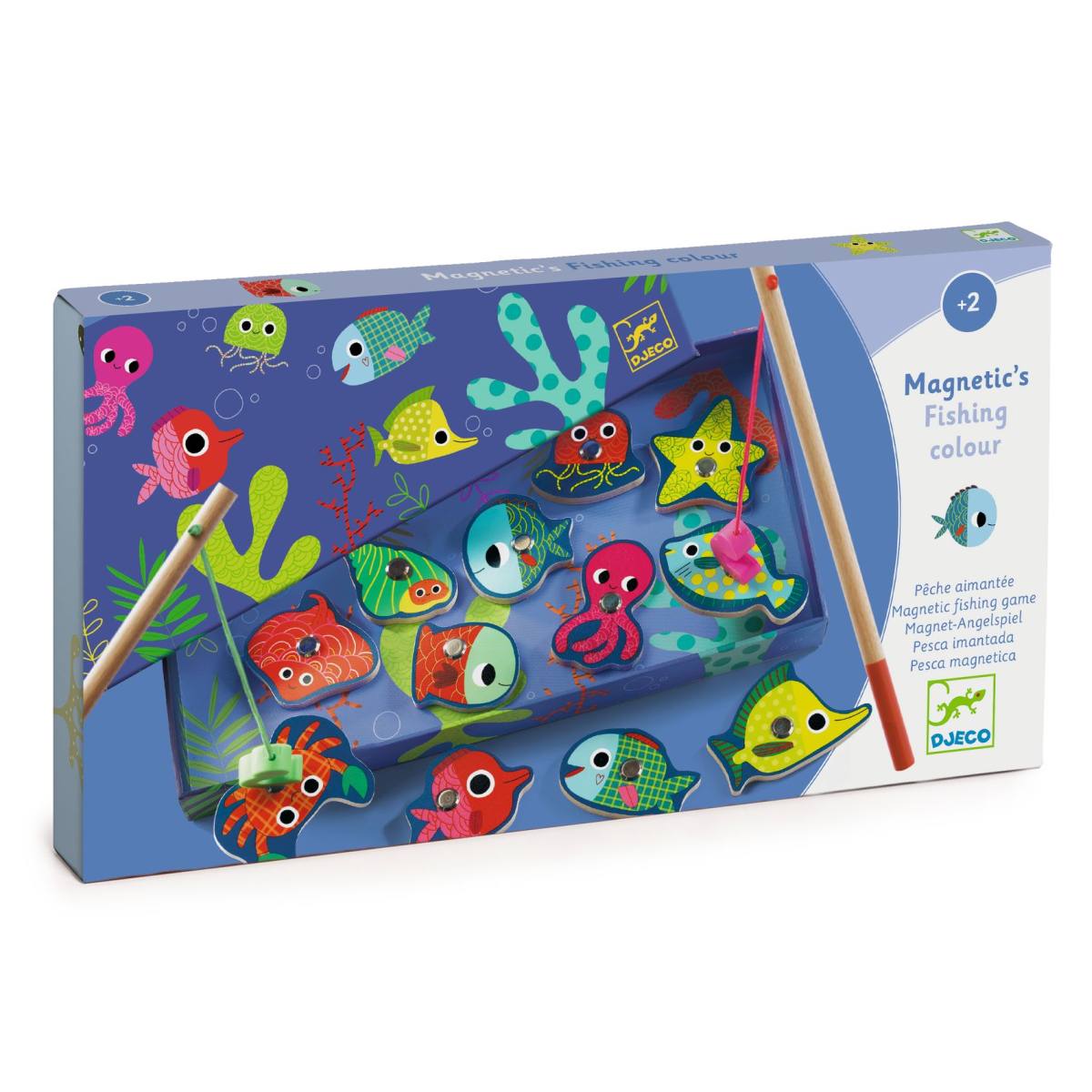 Djeco Magnetfischen Packshot, Verpackung mit buntem Meeresszenen-Design und Foto des Spielinhalts