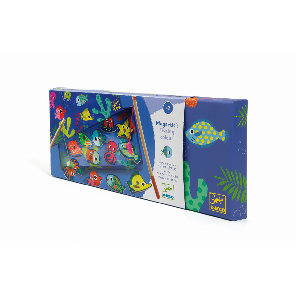 Djeco Angelspiel Verpackung mit blauem Untergrund, bunten Fischen, Meerespflanzen und Angelabbildung