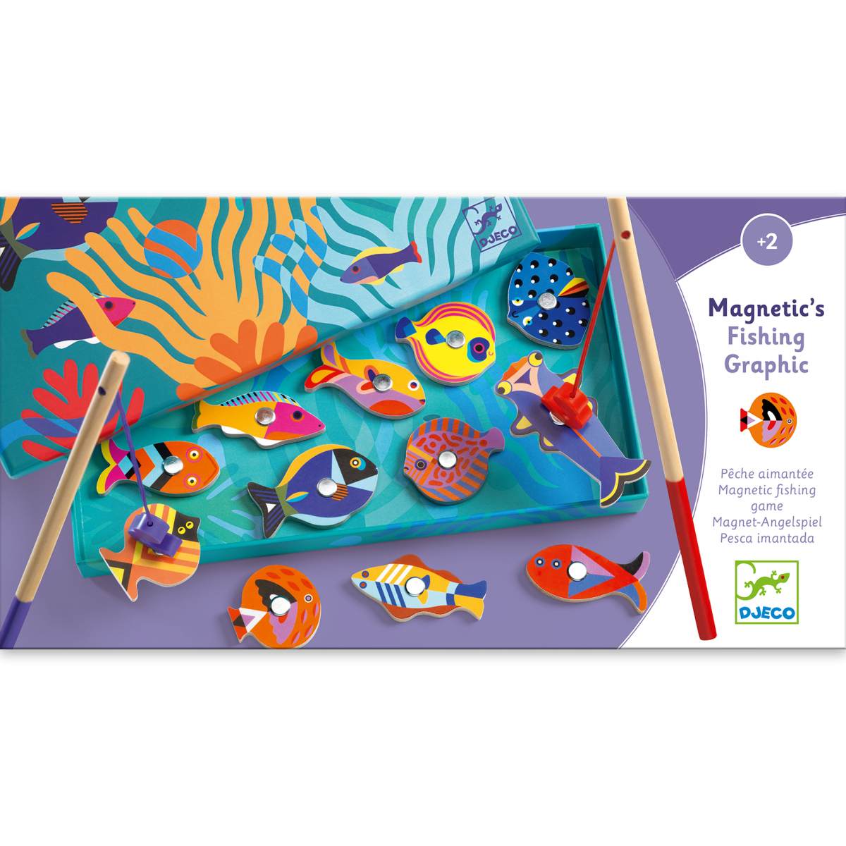 Djeco Magnetisches Angelspiel mit türkiser Spielfläche, bunten gemusterten Holzfischen und Korallen, zwei Angelruten
