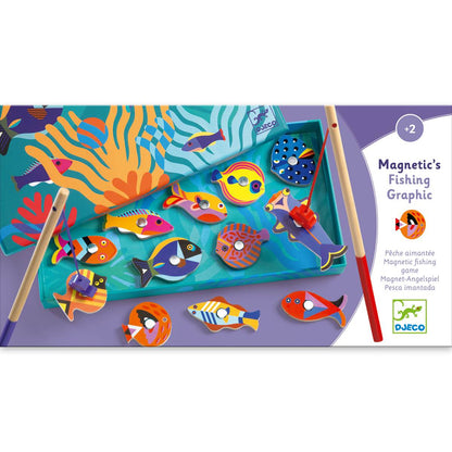 Djeco Magnetisches Angelspiel mit türkiser Spielfläche, bunten gemusterten Holzfischen und Korallen, zwei Angelruten