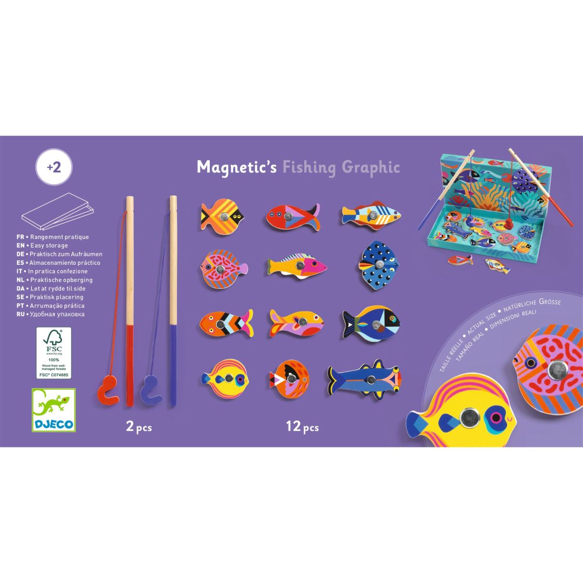 Djeco Magnetic's Fishing Graphic Verpackungsrückseite mit Angelruten, Magnetfischen und Spieltafeln