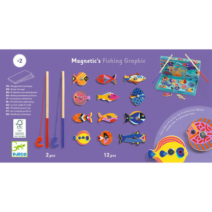 Djeco Magnetic's Fishing Graphic Verpackungsrückseite mit Angelruten, Magnetfischen und Spieltafeln