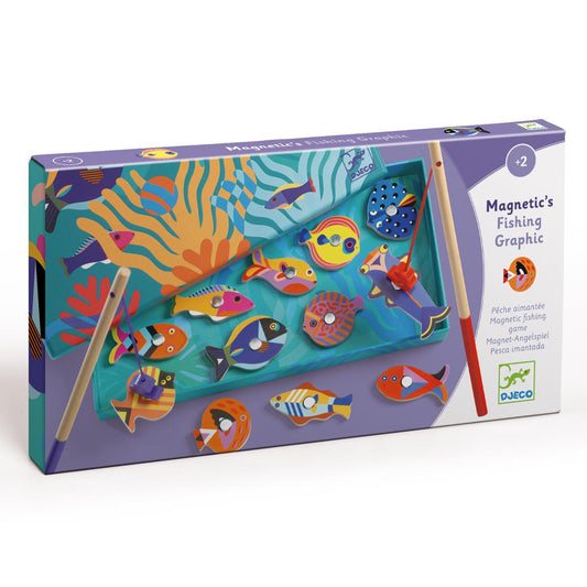 Verpackung des Djeco Angelspiels Magnetic's Fishing Graphic mit bunten Fischen und Korallen auf türkisem Hintergrund