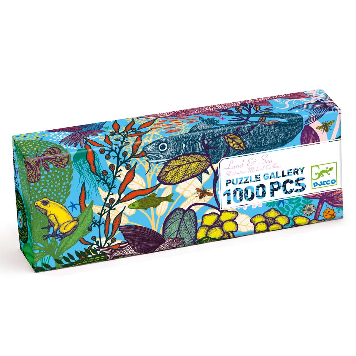 Djeco Gallery-Puzzle Land and Sea, Verpackung mit farbenfrohen Unterwasser- und Landmotiven