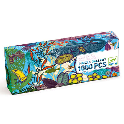 Djeco Gallery-Puzzle Land and Sea, Verpackung mit farbenfrohen Unterwasser- und Landmotiven