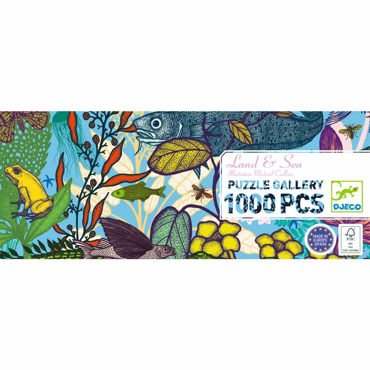 Djeco Puzzle Gallery Land and Sea, Verpackungsrückseite mit buntem Motiv aus Fischen, Vögeln und Blättern