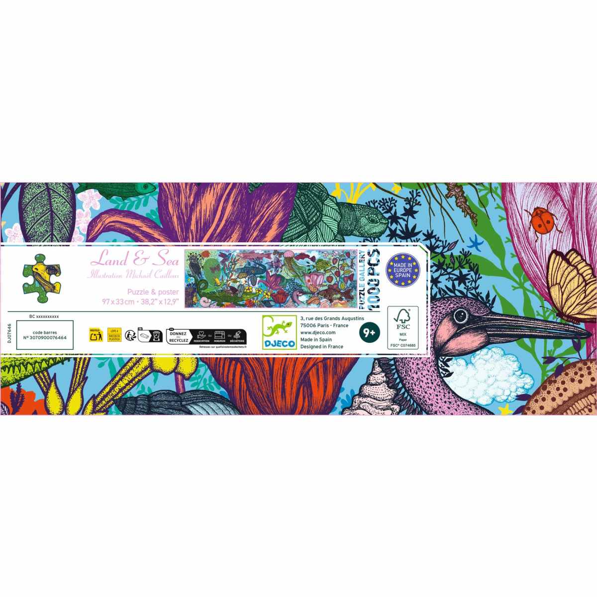 Djeco Puzzle Gallery Land and Sea, geöffnete Verpackung mit Schachtel und bunten Tier-Illustrationen