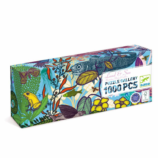 Schachtel des Djeco Puzzle Gallery Land and Sea mit bunten Illustrationen von Fischen, Korallen und Landtieren
