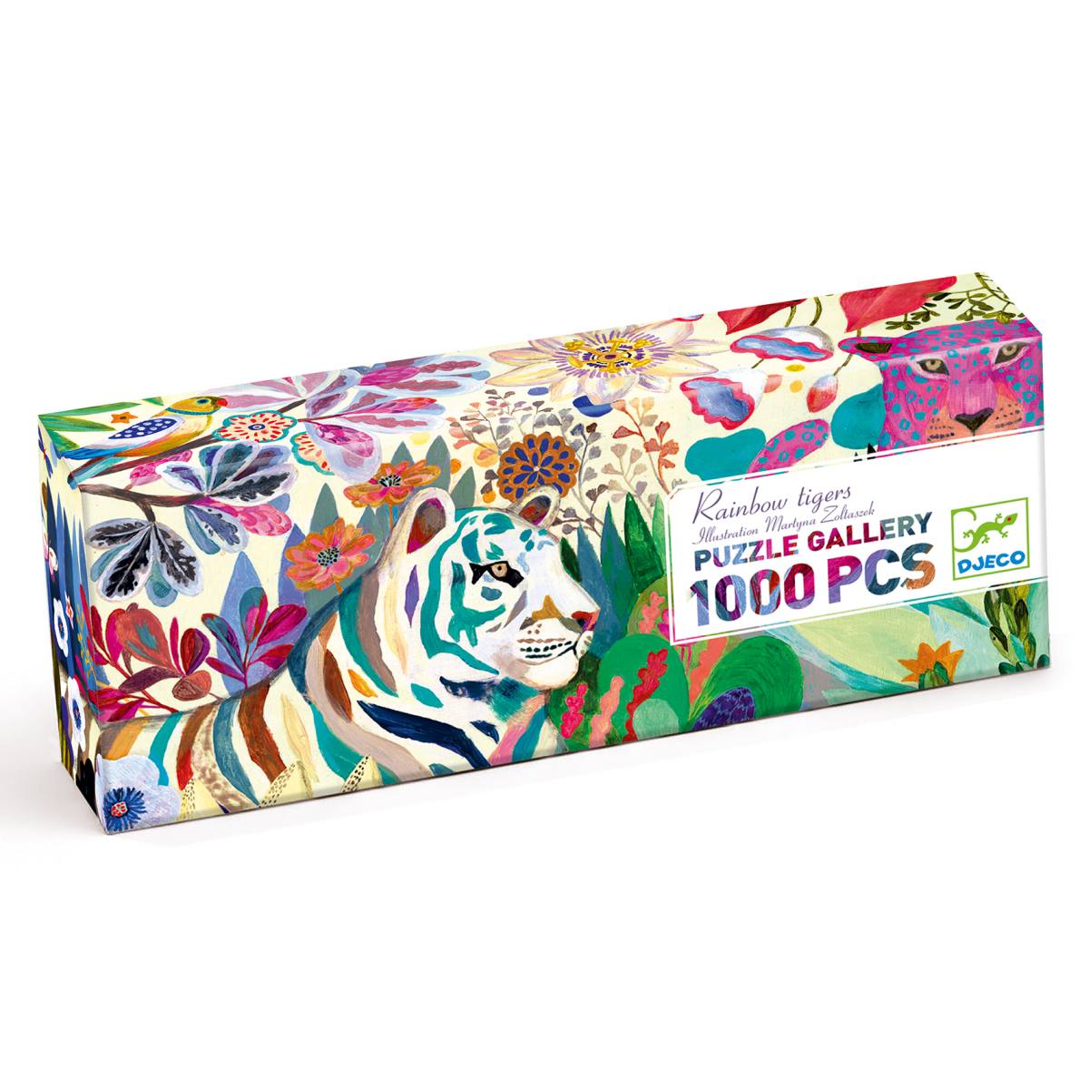 Djeco Puzzle Gallery Rainbow Tigers 1000er-Packung, rechteckige Schachtel mit farbenfrohem Dschungel-Motiv und Tigergesicht
