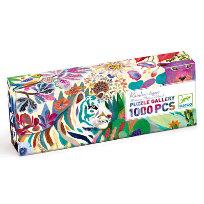 Djeco Puzzle Gallery Rainbow Tigers 1000er-Packung, rechteckige Schachtel mit farbenfrohem Dschungel-Motiv und Tigergesicht