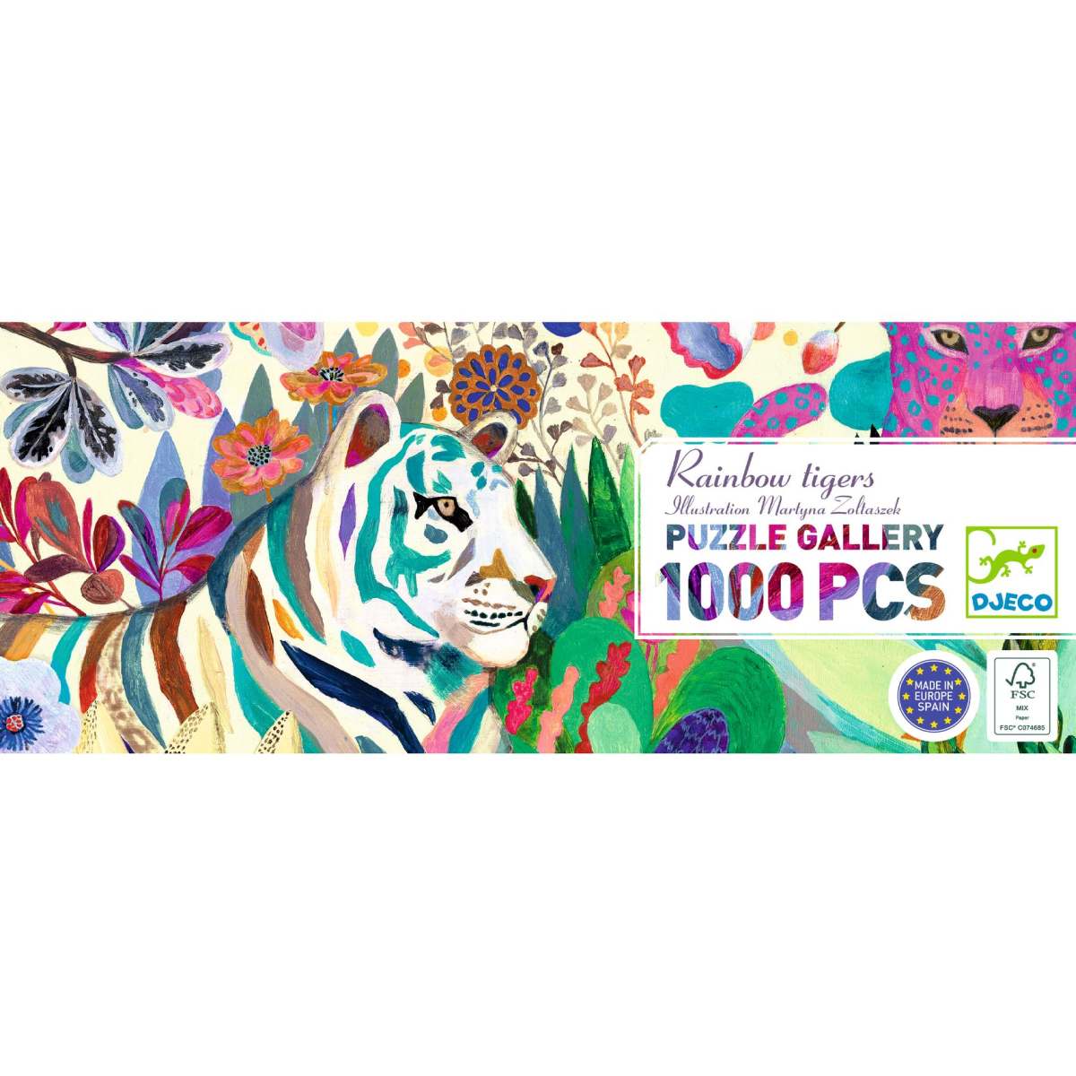 Djeco Puzzle Gallery Rainbow Tigers 1000 Teile, Verpackungsvorderseite mit Tigergesicht und floralen Mustern