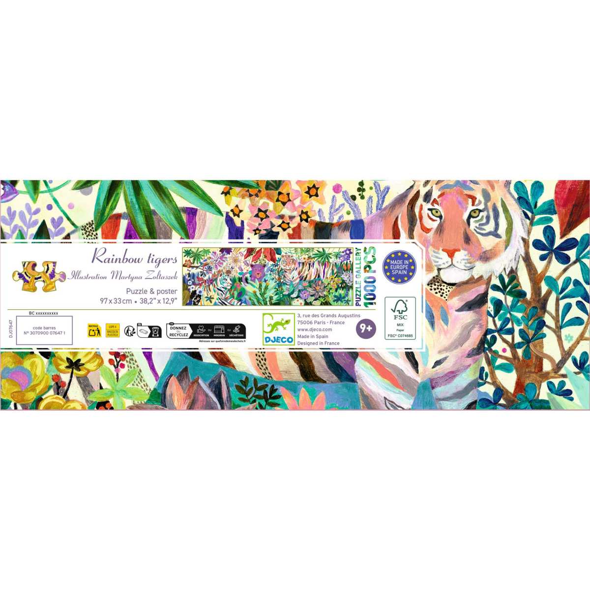 Djeco Puzzle Gallery Rainbow Tigers, Verpackungsrückseite mit Motivausschnitt, Puzzle-Piktogramm und Herstellerangaben