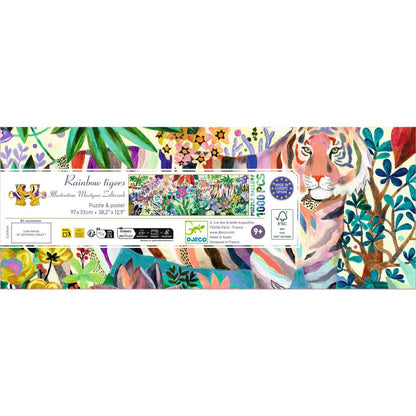 Djeco Puzzle Gallery Rainbow Tigers, Verpackungsrückseite mit Motivausschnitt, Puzzle-Piktogramm und Herstellerangaben