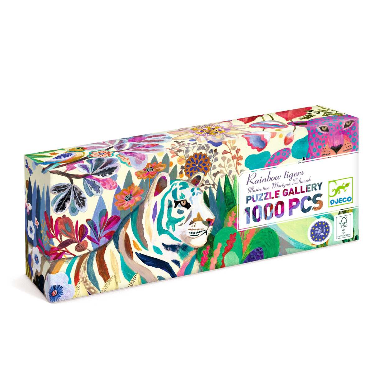 Verpackung des Djeco Puzzle Gallery Rainbow Tigers 1000 Teile mit buntem Tigergesicht und floralen Mustern