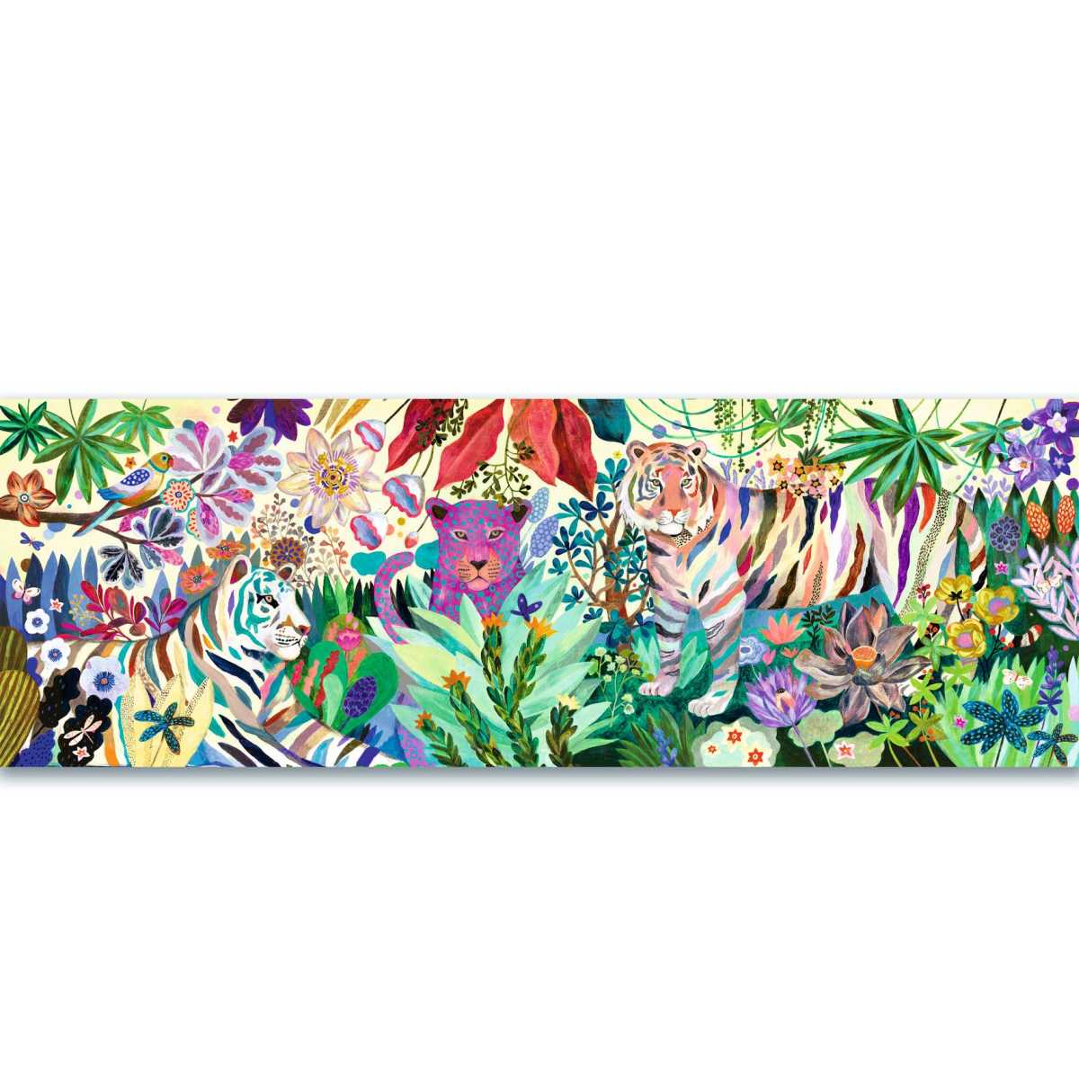 Djeco Puzzle Gallery Rainbow Tigers, Ausschnitt des Motivs mit Tigern, tropischen Blüten und Palmblättern in lebhaften Farben