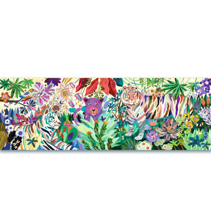 Djeco Puzzle Gallery Rainbow Tigers, Ausschnitt des Motivs mit Tigern, tropischen Blüten und Palmblättern in lebhaften Farben