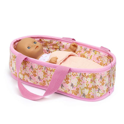 Pomea Mini Barbara Puppe in gemusterter rosa Tragetasche mit Blumendruck, Puppe trägt beiges Shirt und beige Windel