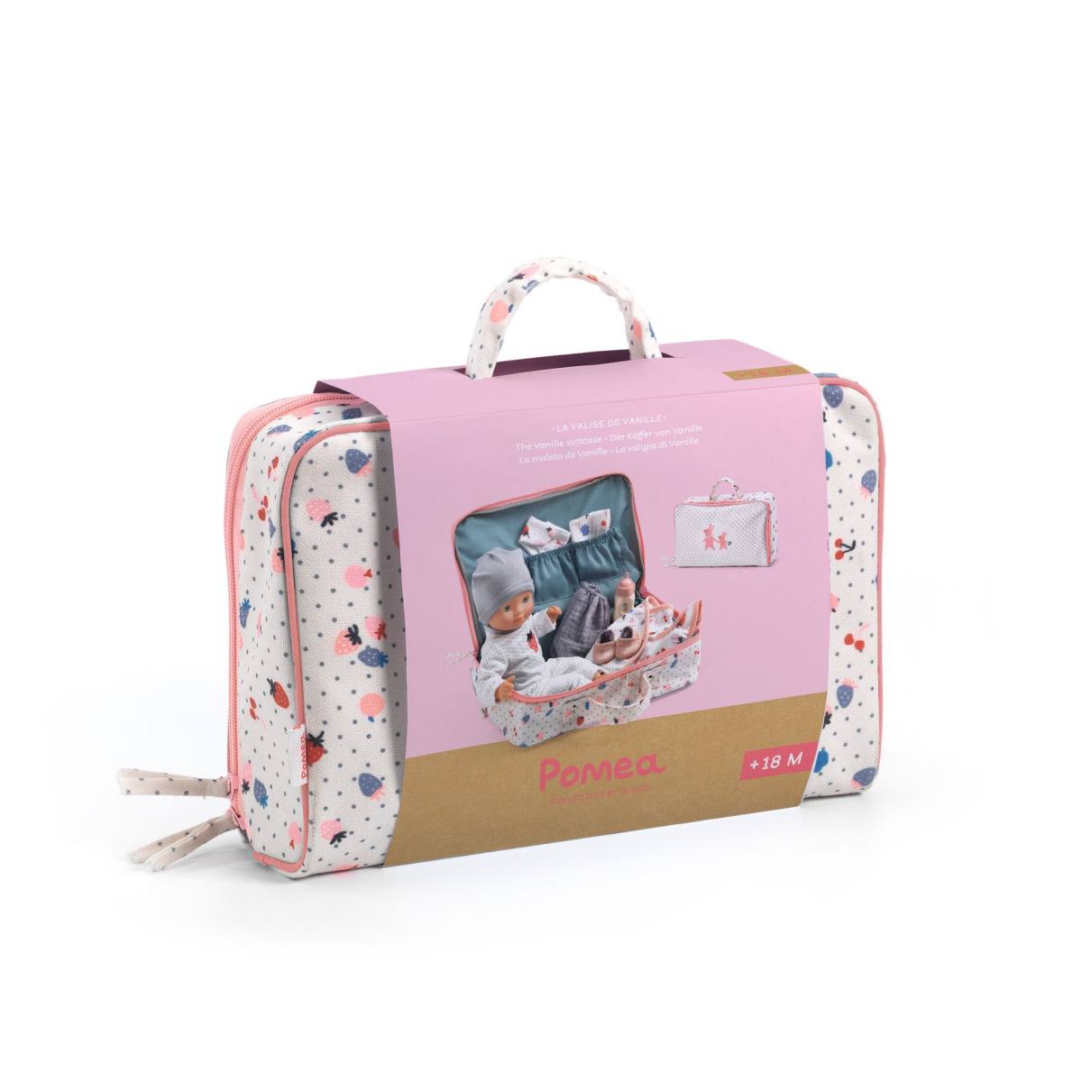 Pomea Puppe Vanille im rosa-weißen Koffer, Packshot mit Griff und Fenster zur Puppe