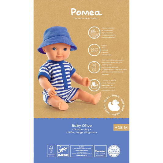 Pomea Badepuppe Junge Olive mit Ringel-Badeanzug und blauem Badekäppchen, Verpackungsrückseite