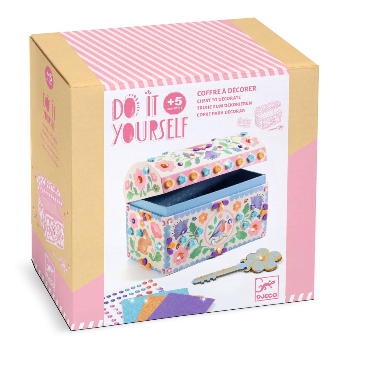 Verpackung der Djeco Schatztruhe Precious mit rosa-weiß gestreiftem Deckel und buntem Blumenmuster