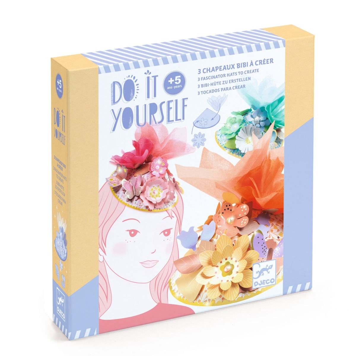 Verpackung des Djeco Do it Yourself Hutdesign-Sets mit Mädchen-Illustration und bunten Blüten-Hutbeispielen