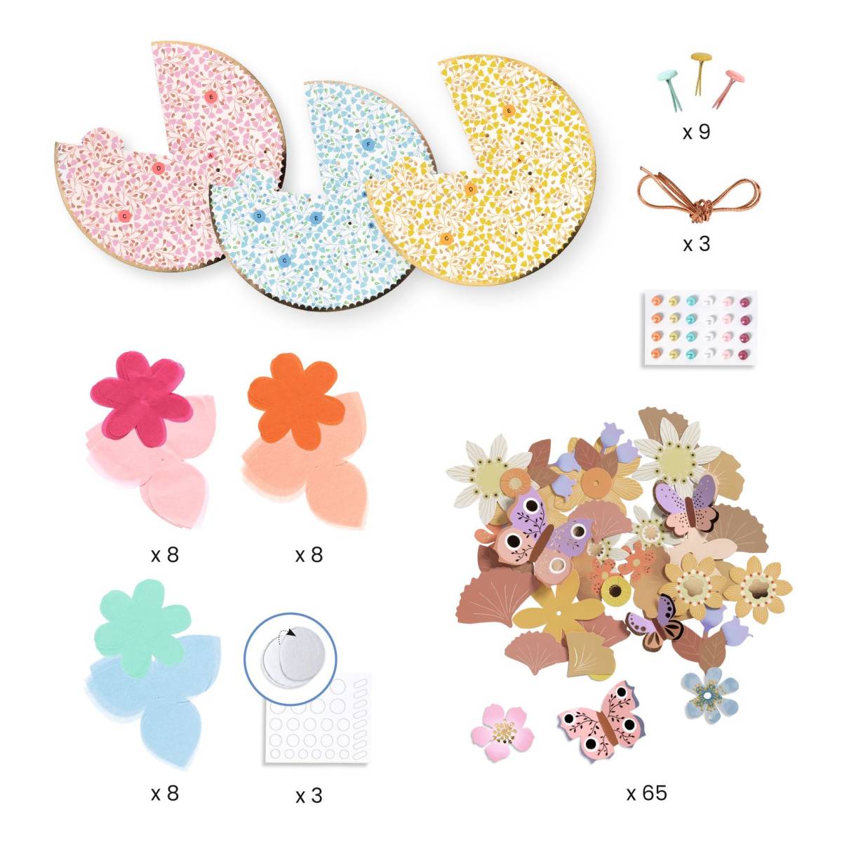 Djeco Hutbastelset Inhalt mit drei beglitterten Hutformen, Papierblüten, Blättern, Musterklammern, Stickerbogen und 65 bunten Dekoteilen