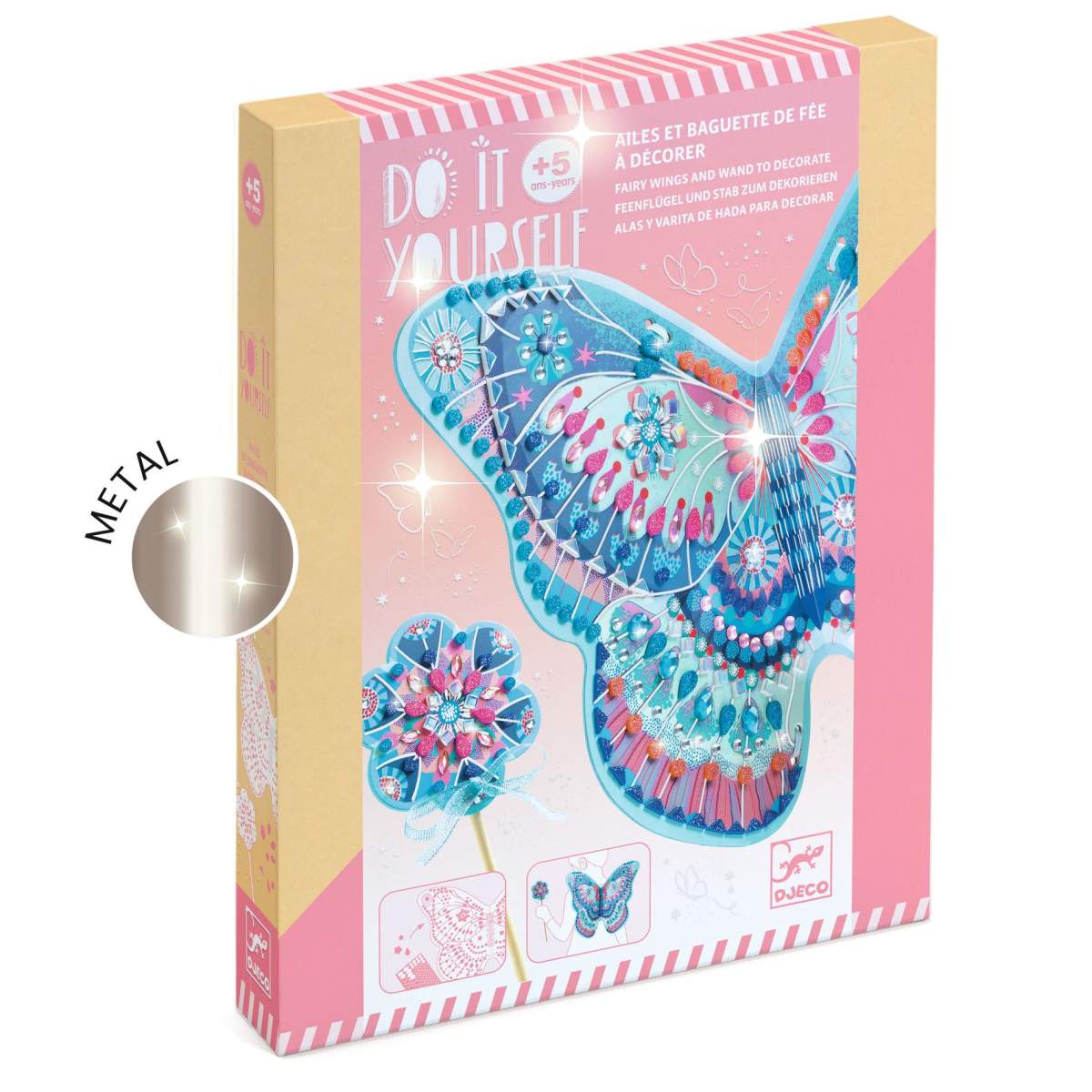 Verpackung des Djeco Bastelsets mit glitzernden Feenflügeln in Blau und Pink sowie Blumenmotiv