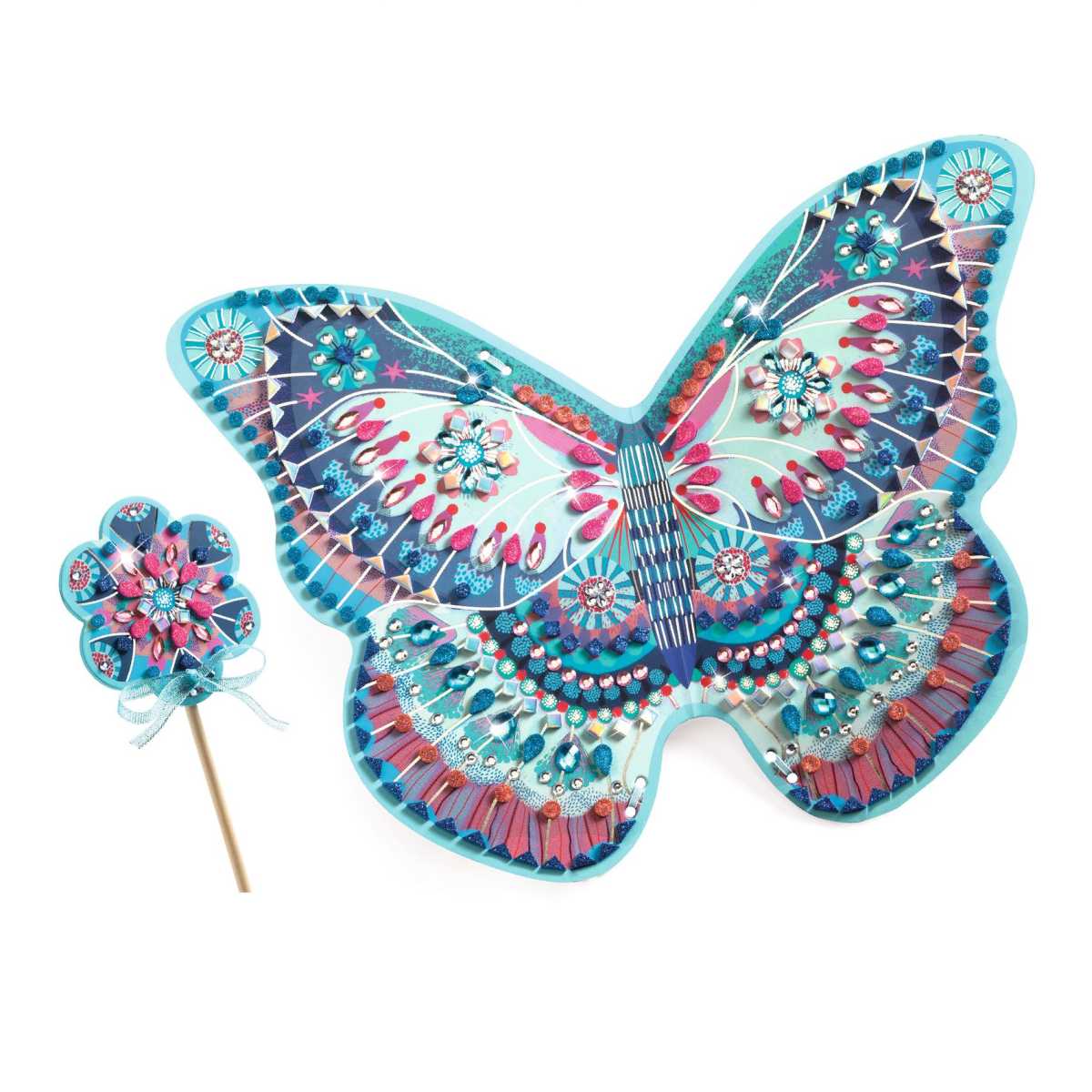 Djeco Feenflügel türkis-pink dekoriert mit Schmucksteinen und Blumenmotiven, dazu Zauberstab