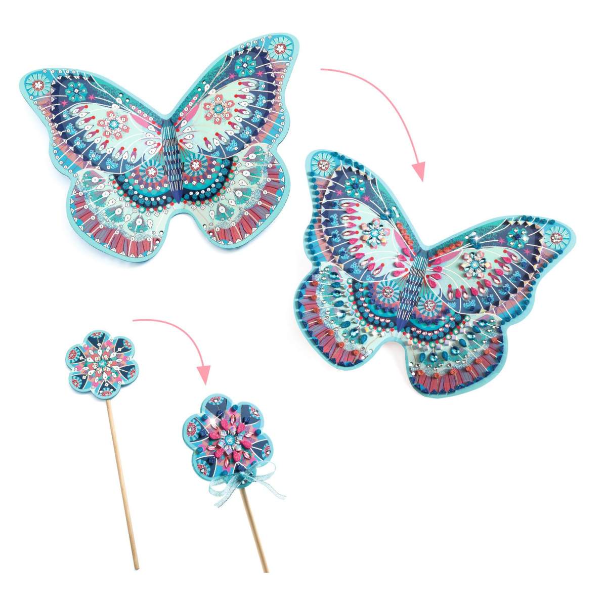 Djeco Feenflügel-Bastelset, zwei türkise Schmetterlingsflügel und zwei Blütenzauberstäbe mit Schmucksteinen
