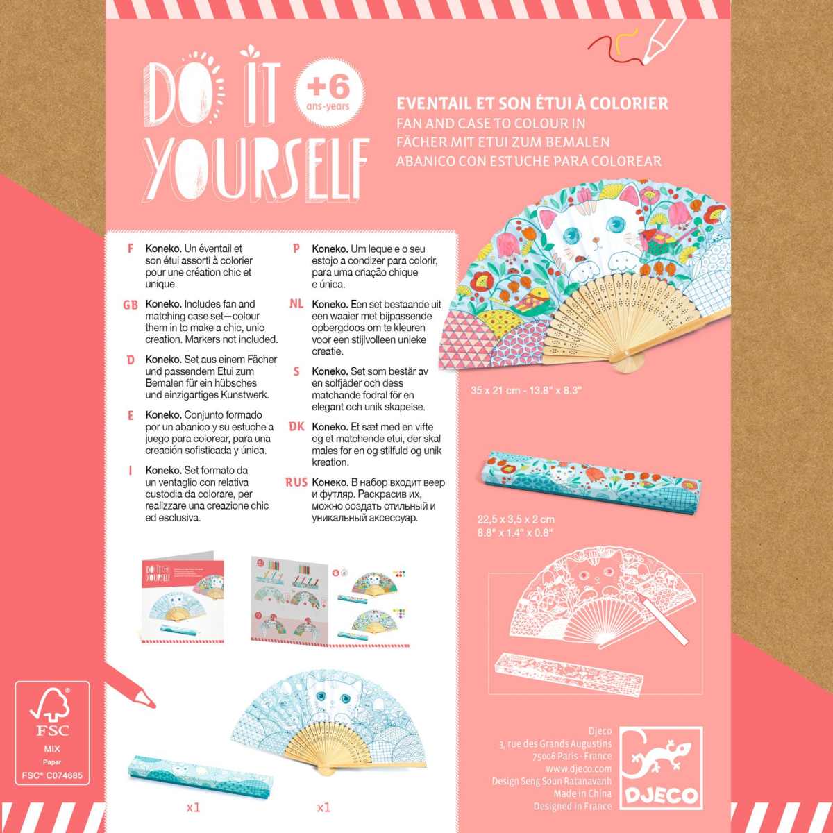 Djeco DIY Fächer Koneko, Verpackungsrückseite mit Anleitung und Bildern der bemalten Fächer