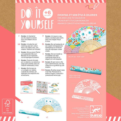 Djeco DIY Fächer Koneko, Verpackungsrückseite mit Anleitung und Bildern der bemalten Fächer