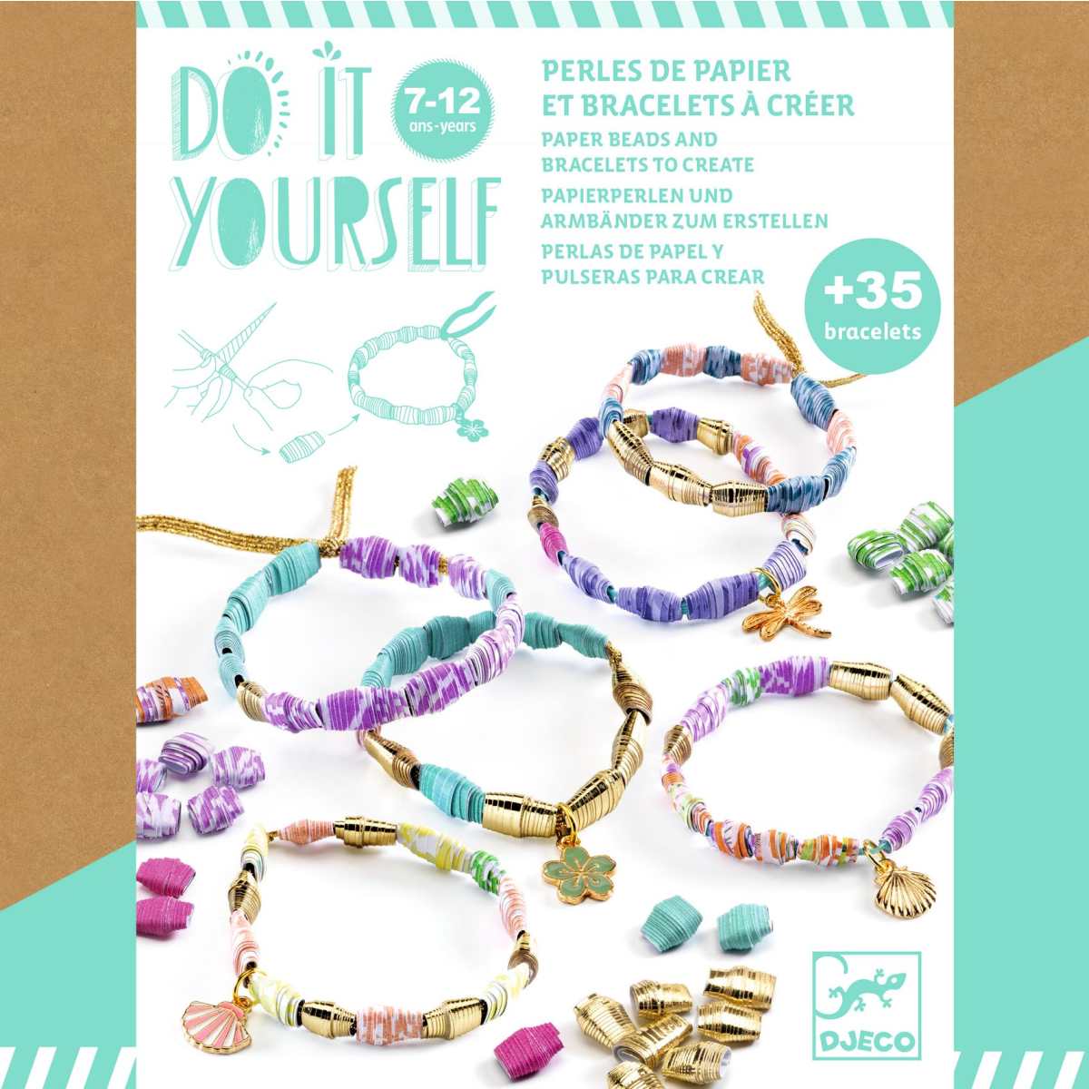 Djeco Papierperlen Set mit mehreren fertigen bunten Armbändern, goldenen Elementen und Perlen arrangiert