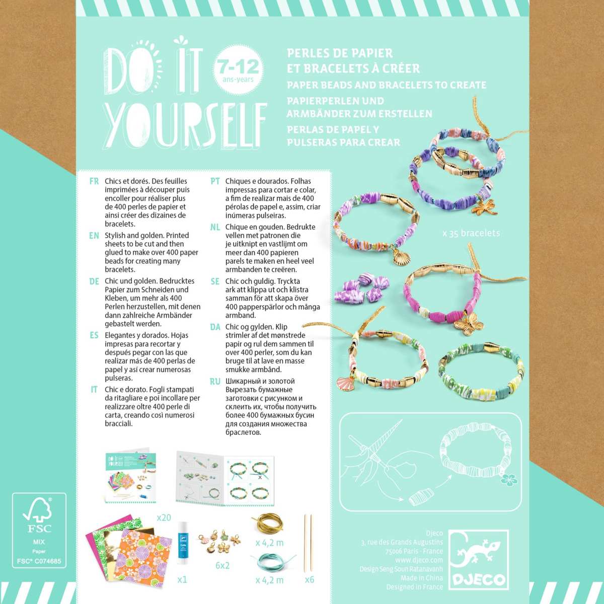 Djeco Papierperlen DIY: Anleitung auf Verpackungsrückseite mit gefädelten bunten Armbändern und Bastelmaterialien