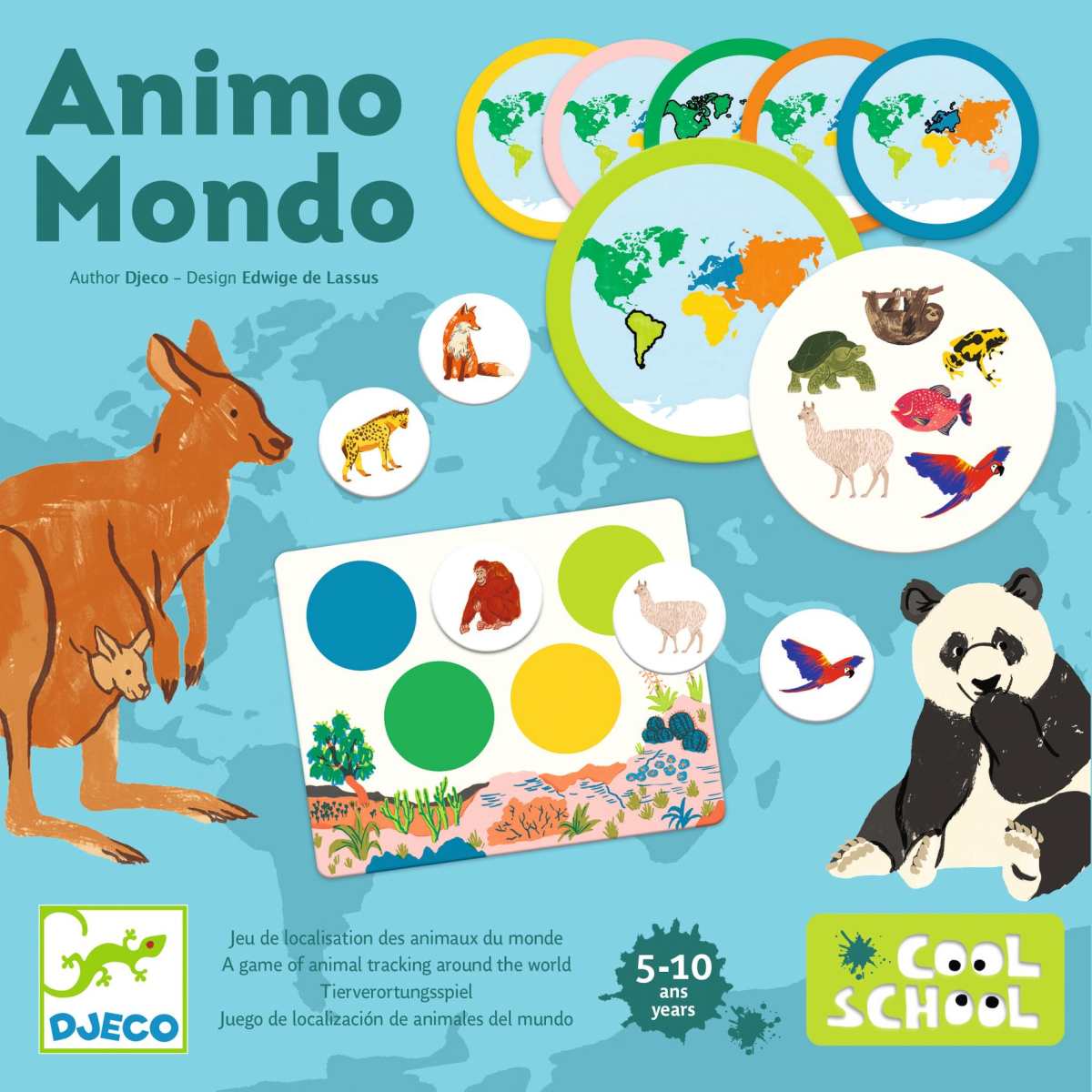 Djeco Animo Mondo Verpackungsrückseite mit bunten Spielplättchen, Weltkarten und Tiermotiven