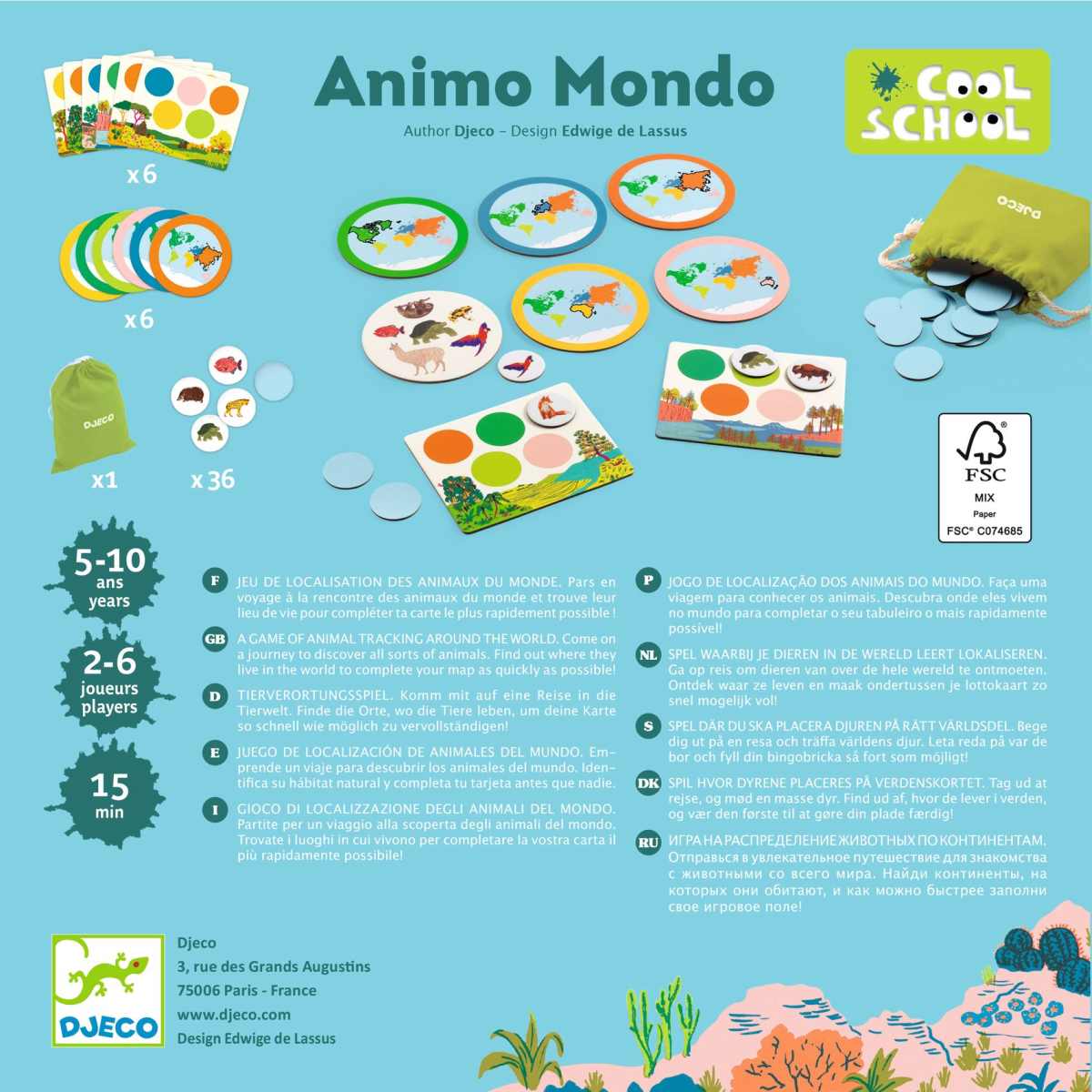Djeco Animo Mondo Spielinhalt mit bunten Tellern, Ringen, Stoffsäckchen und Tiermotiv-Plättchen auf blauem Hintergrund