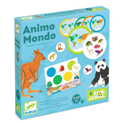 Djeco Animo Mondo Spielbox mit blauem Karton, aufgedrucktem Känguru und Panda, bunten Spielplättchen und Anleitungsblatt