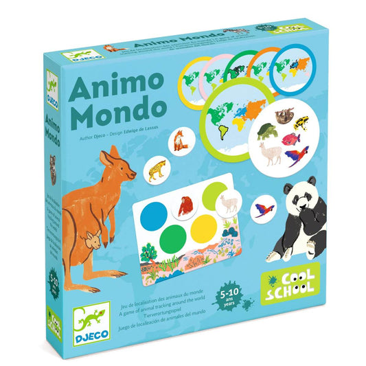Djeco Animo Mondo Spielbox mit blauem Karton, aufgedrucktem Känguru und Panda, bunten Spielplättchen und Anleitungsblatt