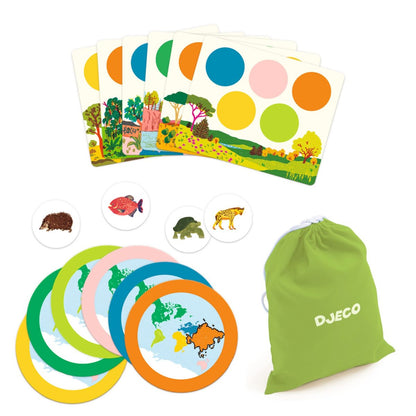 Djeco Animo Mondo Spielmaterial: bunte Spielkarten mit Gartenmotiven, farbige Ringe, Tierkarten und grüner Stoffbeutel