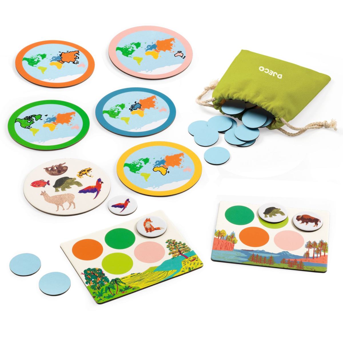 Djeco Animo Mondo Spielmaterial: fünf bunte Teller mit Tiermotiven, farbige Ringe, Plättchen und grüner Stoffbeutel