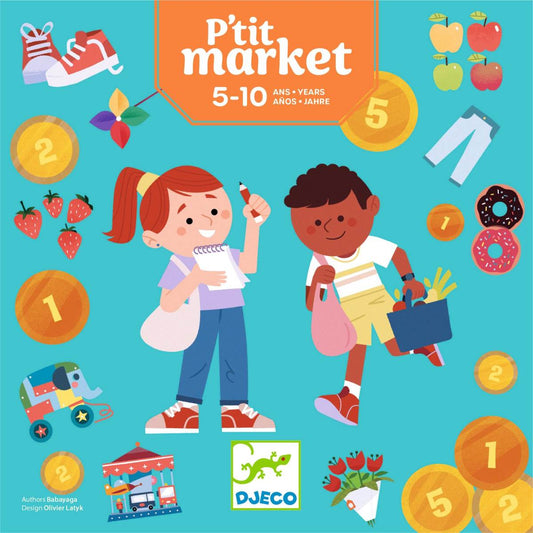 Djeco P'tit Market Verpackung mit zwei Kindern, umgeben von nummerierten Spielzeugen und Lebensmitteln