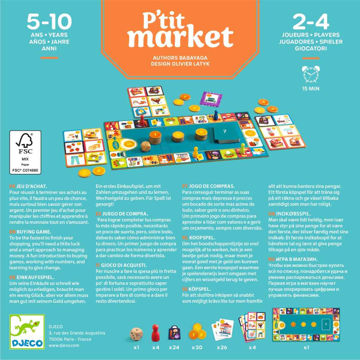 Djeco P'tit Market Verpackungsrückseite mit Spielplan, Spielkarten und Spielmünzen