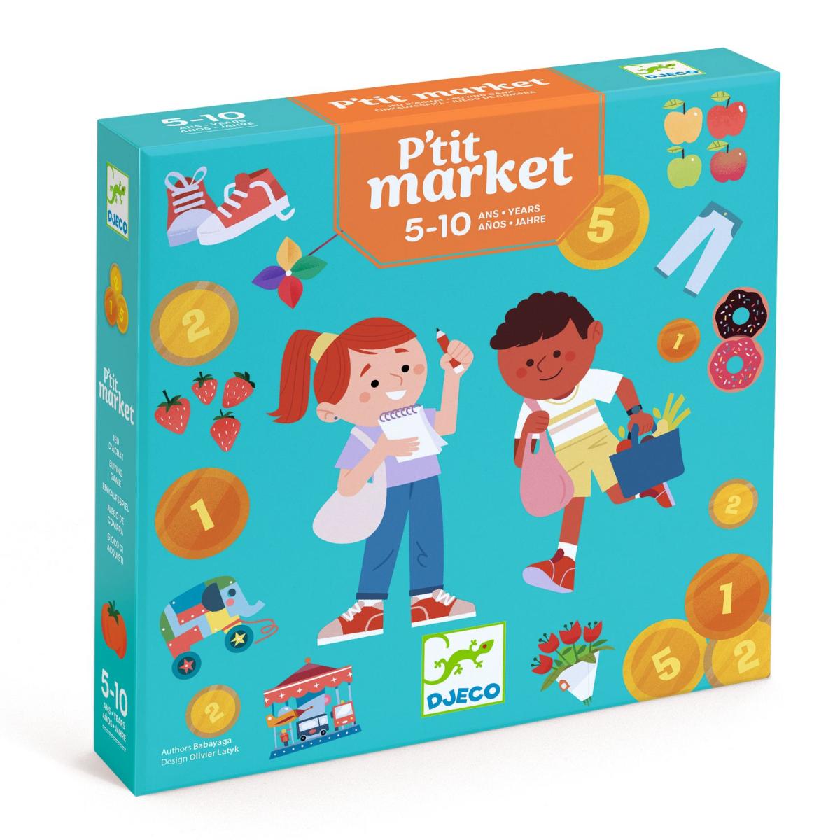 Djeco P'tit Market Spielverpackung mit zwei Kindern beim Einkaufen auf türkisblauem Hintergrund