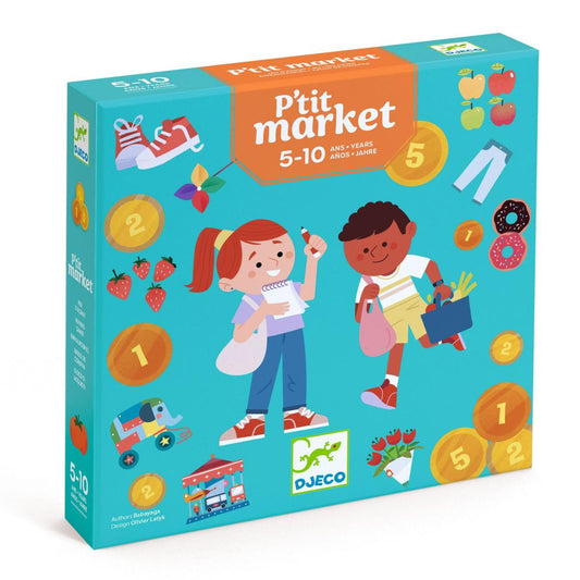 Djeco P'tit Market Spielverpackung mit zwei Kindern beim Einkaufen auf türkisblauem Hintergrund