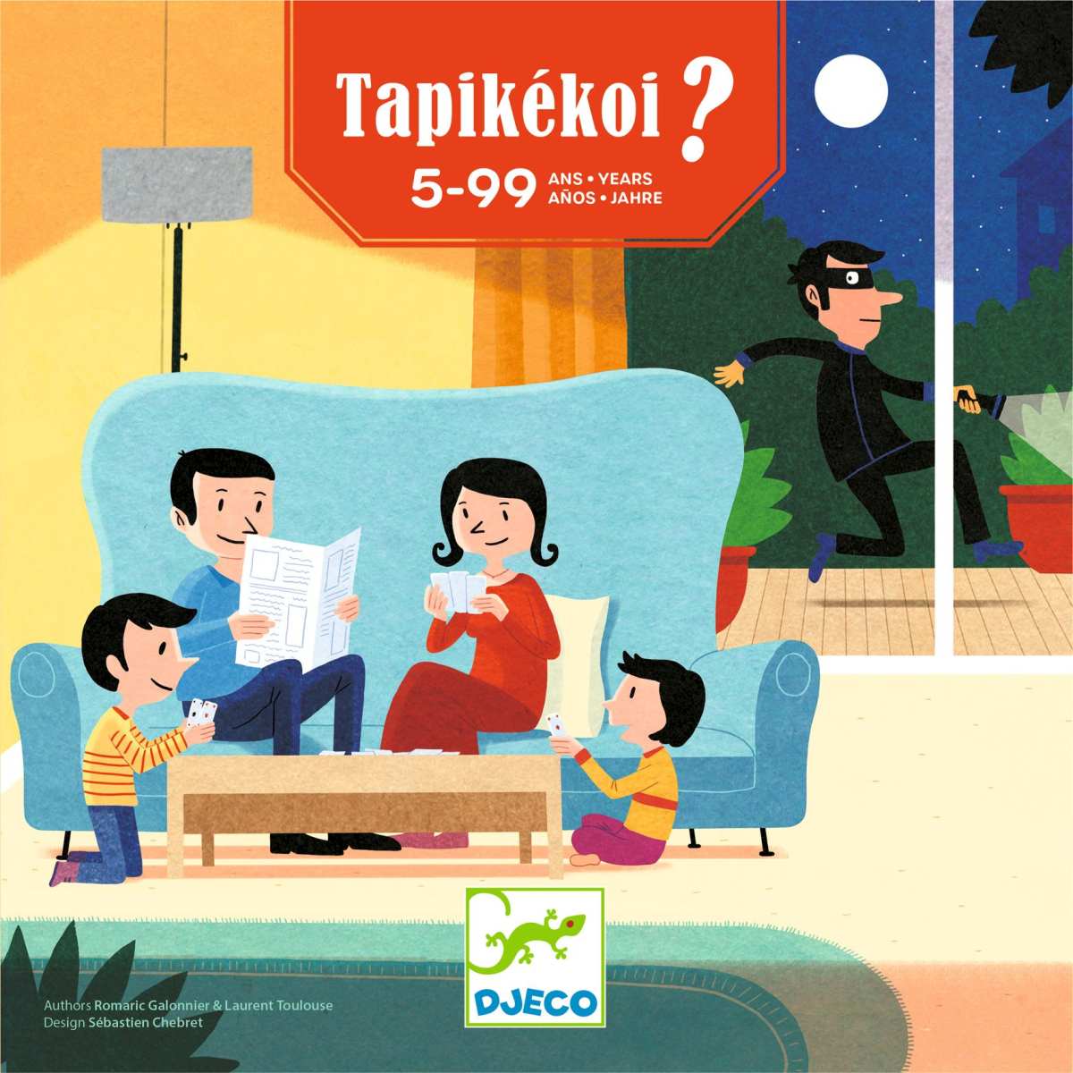 Djeco Tapikékoi Verpackung mit Familie auf Sofa, Kindern am Boden, Einbrecher am Fenster