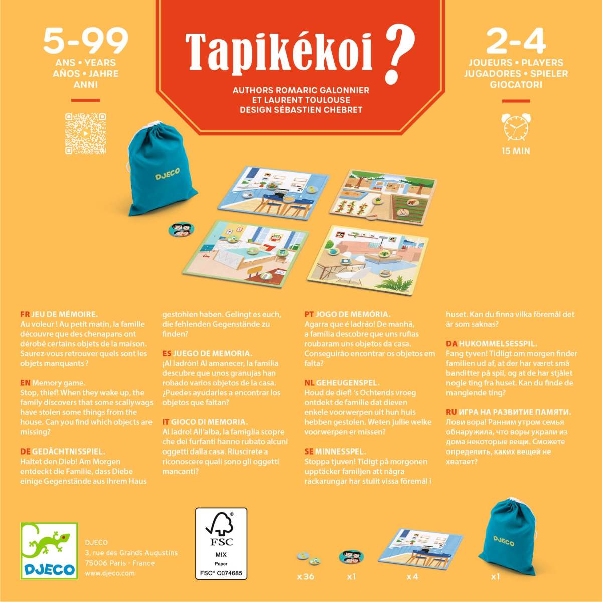 Djeco Tapikékoi Verpackungsrückseite mit orange Hintergrund, vier Holzpuzzle-Tafeln, türkisblauem Beutel und Spielplättchen